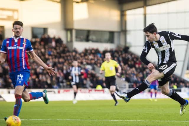 Lewis Morgan, who  signed for Celtic last week and then moved back to Paisley on loan, fires a shot at goal. Picture: SNS.