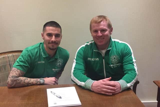 New signing Jamie Maclaren with head coach Neil Lennon. Picture: Hibernian FC