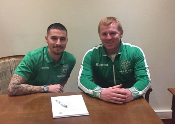 New signing Jamie Maclaren with head coach Neil Lennon. Picture: Hibernian FC