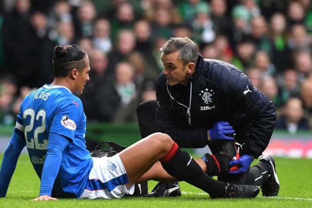 Bruno Alves receives treatment after suffering an injury in last month's Old Firm match. Picture: SNS Group