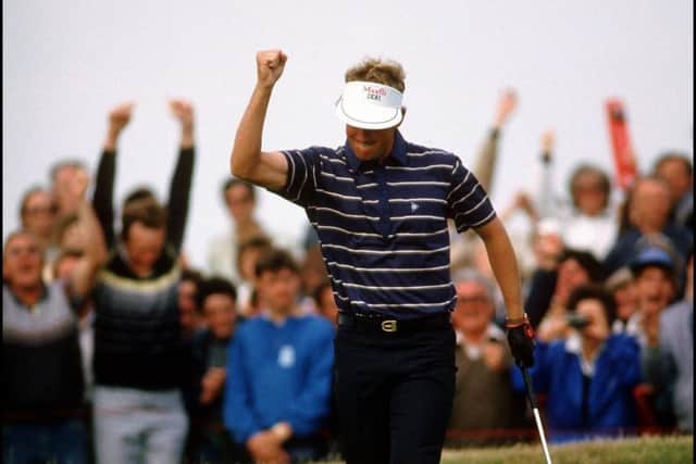 Sandy Lyle, celebrating his triumph in the 1985 Open Championship, will bow out of the competition this year. Picture: Golf Picture Library.