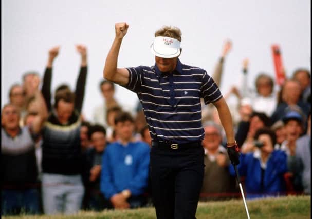 Sandy Lyle, celebrating his triumph in the 1985 Open Championship, will bow out of the competition this year. Picture: Golf Picture Library.