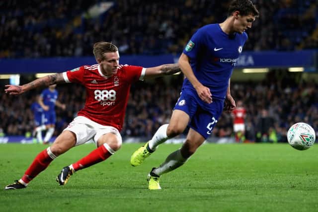 Jason Cummings hounds Andreas Christensen during the Carabao Cup match between Chelsea and Nottingham Forest. Picture: Getty Images