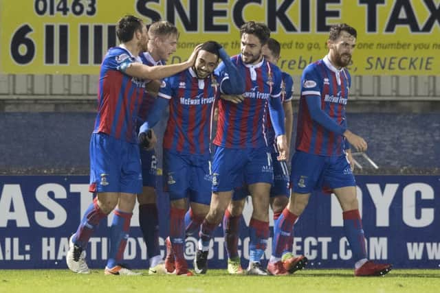 Inverness Caledonian Thistle's Jake Mulraney (centre) celebrates his goal with his team-mates. Picture: SNS.
