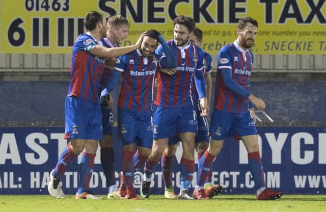 Inverness Caledonian Thistle's Jake Mulraney (centre) celebrates his goal with his team-mates. Picture: SNS.
