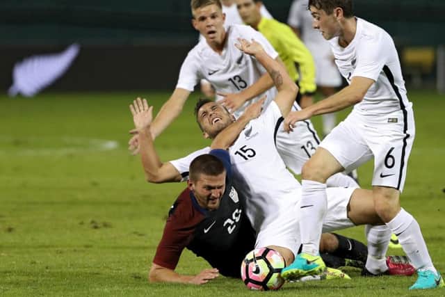 Kitchen challenges New Zealand's Clayton Lewis during a friendly at the RFK Stadium in Washington DC. Picture: Getty images