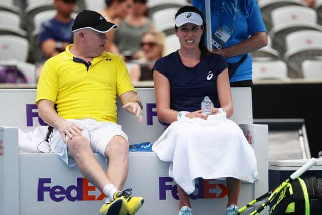 Michael Joyce gives Johanna Konta a pep talk during her match against Agnieszka Radwanska at this weeks Sydney International. Picture: Getty