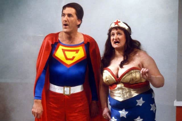 Russ Abbot and Bella Emberg in 'Russ Abbot's Madhouse' April 1985. Picture: ITV/Shutterstock