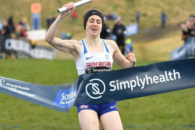 Laura Muir breaks the tape at  the Great Edinburgh XCountry 4 x 1000m Relay. Picture: SNS.