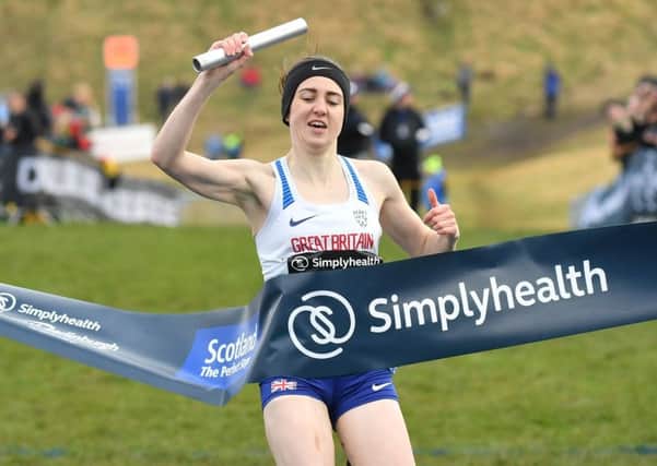 Laura Muir breaks the tape at  the Great Edinburgh XCountry 4 x 1000m Relay. Picture: SNS.
