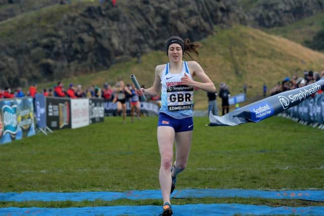 Great Britain's Laura Muir crosses the finish line to win the Simplyhealth Great Edinburgh XCountry 4x1km relay. Picture: Mark Runnacles/PA Wire