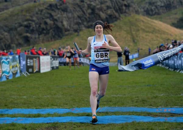 Great Britain's Laura Muir crosses the finish line to win the Simplyhealth Great Edinburgh XCountry 4x1km relay. Picture: Mark Runnacles/PA Wire