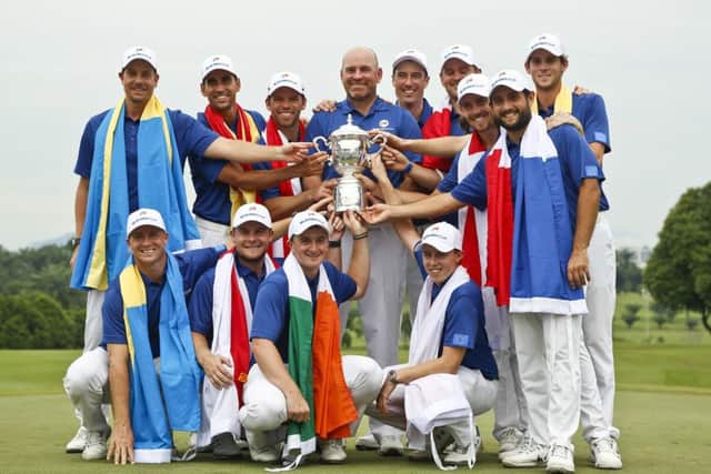 Captain Thomas Bjorn, centre, and his players celebrate Europe's victory in the EurAsia Cup in Kuala Lumpur. Picture: AP