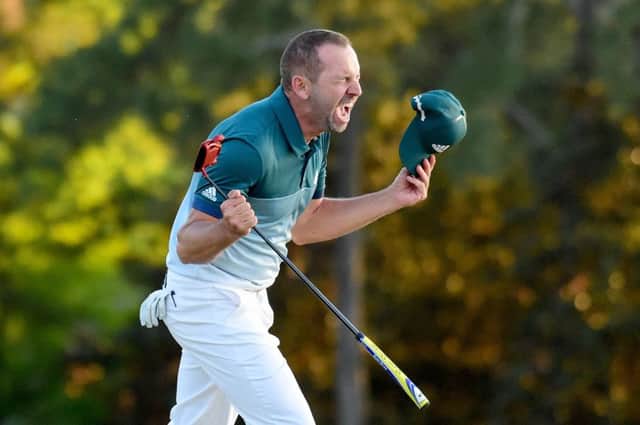 Sergio Garcia celebrates after winning last year's Masters. Picture: Getty