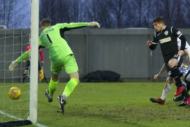 Cammy Smith opens the scoring for St Mirren in Saturdays Championship victory against Dumbarton. Picture: SNS.