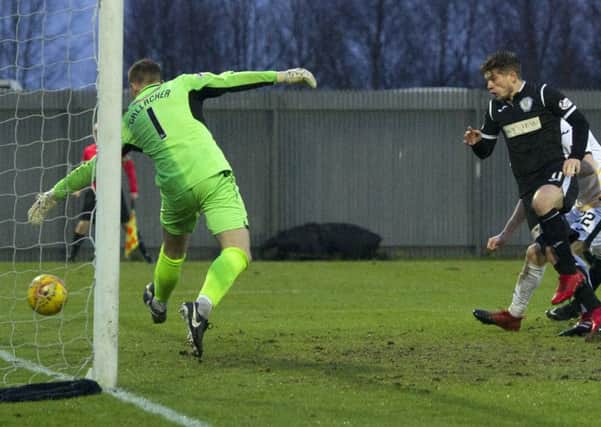 Cammy Smith opens the scoring for St Mirren in Saturdays Championship victory against Dumbarton. Picture: SNS.