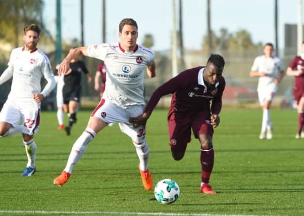 Striker Esmael Goncalves chases down the ball during Hearts 5-0 friendly defeat by  FC Nurnberg. Picture: SNS.