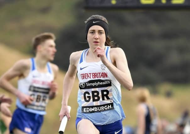 Laura Muir out in front as Team GB claimed victory in the Great Edinburgh XCountry 4x1km relay. Picture: SNS.