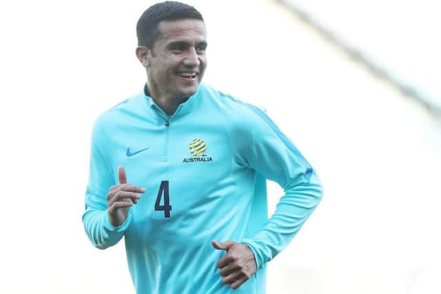 Tim Cahill takes part in a Socceroos training session last year. The Australian forward is looking to boost his World Cup hopes. Picture: Getty Images