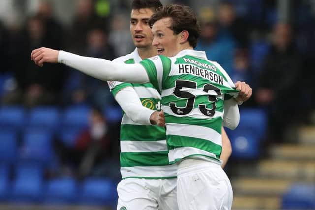 Liam Henderson celebrates a goal for Celtic against St Johnstone with Nir Bitton. Picture: Getty Images