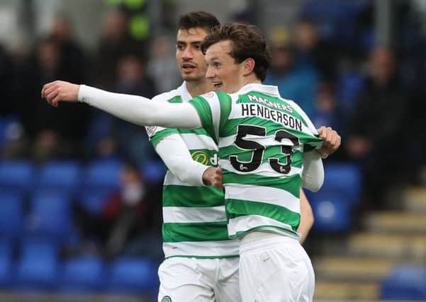Liam Henderson celebrates a goal for Celtic against St Johnstone with Nir Bitton. Picture: Getty Images