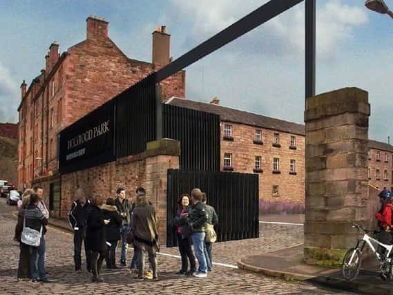 An artist's impression of the entrance to the new Holyrood Park distillery in Edinburgh, which is due to open later this year in a former engine shed in the St Leonards district of the capital.
