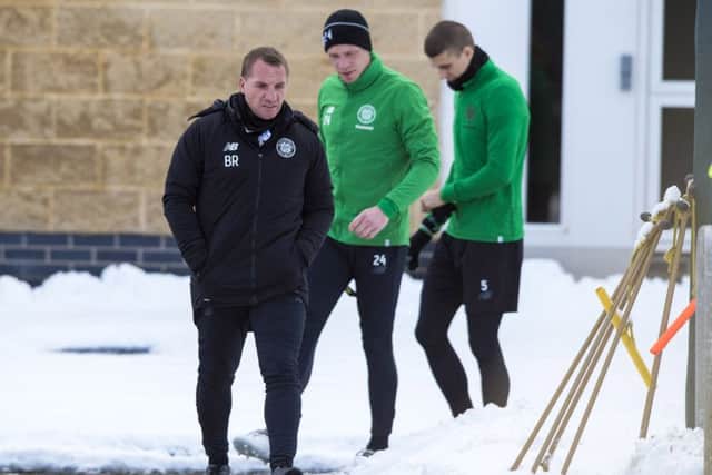 Celtic manager Brendan Rodgers steps out at a snowy Lennoxtown. Picture: Alan Harvey/SNS