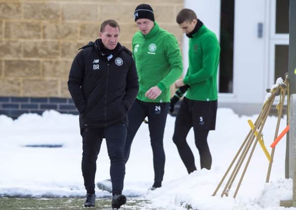 Celtic manager Brendan Rodgers steps out at a snowy Lennoxtown. Picture: Alan Harvey/SNS