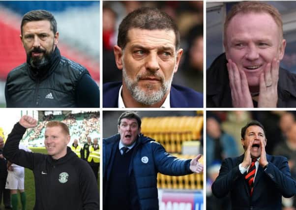 From top left clockwise: Derek McInnes, Slaven Billic, Alex McLeish, Malky Mackay, Tommy Wright and Neil Lennon have all been mentioned as possible candidates for the Scotland job. Pictures: SNS/Getty