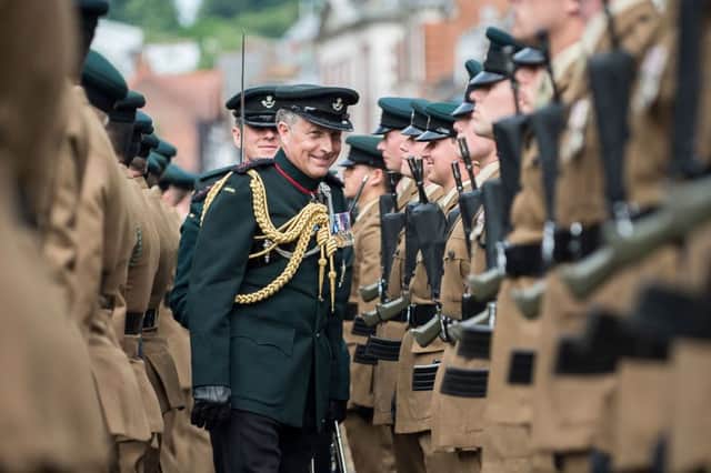 Chief of the General Staff General Nick Carter, seen inspecting soldiers in Winchester, has warned about the military threat posed by Russia (Picture: AFP/Getty)