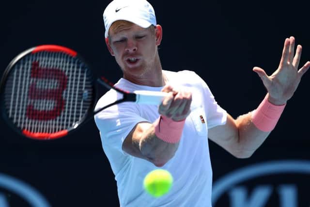 Kyle Edmund plays a forehand in a practice session in Melbourne. Picture: Getty