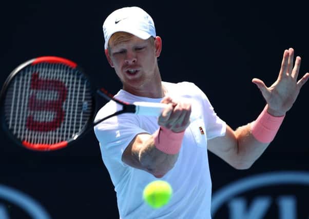 Kyle Edmund plays a forehand in a practice session in Melbourne. Picture: Getty