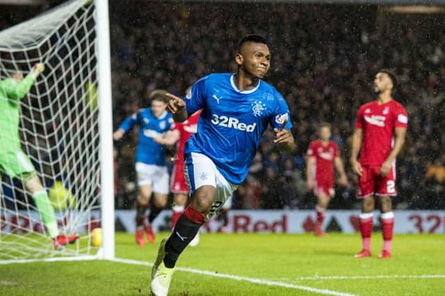 Rangers' Alfredo Morelos celebrates after he makes it 1-0. Picture: SNS