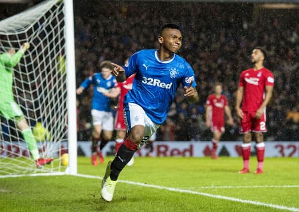 Rangers' Alfredo Morelos celebrates after he makes it 1-0. Picture: SNS