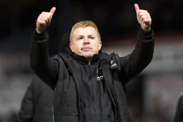Hibernian manager Neil Lennon celebrates at full-time after his side defeated Dundee. Picture: SNS