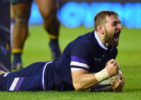 Scotland's flanker John Barclay celebrates scoring a try during the autumn international rugby union test match between Scotland and Australia. Picture: ANDY BUCHANAN/AFP/Getty