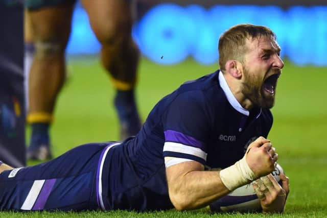 Scotland's flanker John Barclay celebrates scoring a try during the autumn international rugby union test match between Scotland and Australia. Picture: ANDY BUCHANAN/AFP/Getty