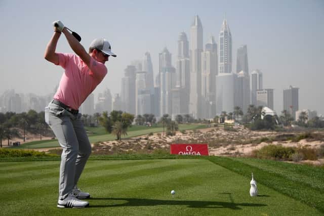 Connor Syme tees off at the eighth hole at Emirates Golf Club in the second round of the Omega Dubai Desert Classic. Picture: Getty Images