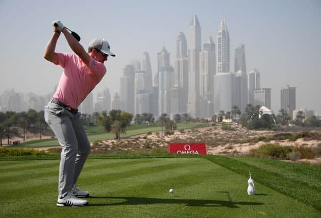 Connor Syme tees off at the eighth hole at Emirates Golf Club in the second round of the Omega Dubai Desert Classic. Picture: Getty Images