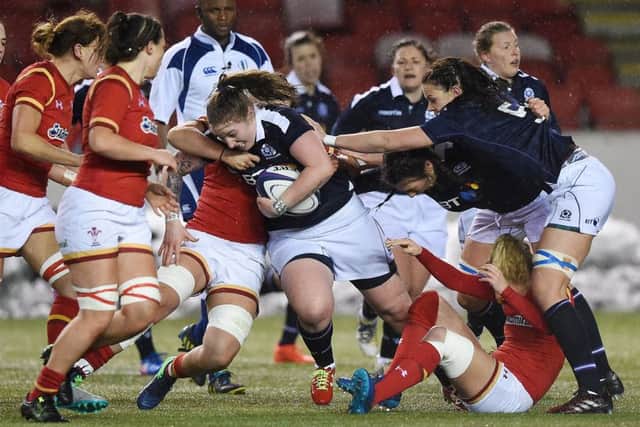 24/02/17 RBS WOMEN'S SIX NATIONS
SCOTLAND WOMEN V WALES WOMEN (15-14)
BROADWOOD STADIUM - CUMBERNAULD
Scotland's Jade Konkel is tackled by Wales Sioned Harries