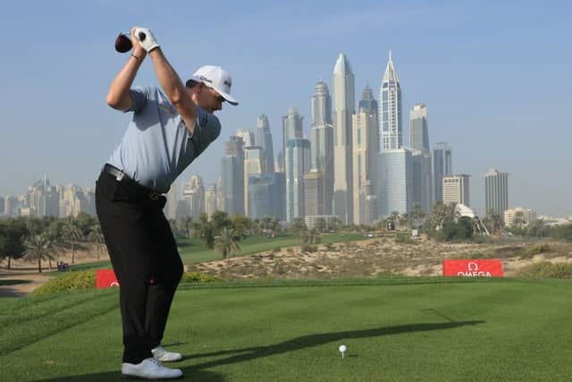 Paul Lawrie drives at the eighth hole in the second round of the Omega Dubai Desert Classic. Picture: Andrew Redington/Getty Images