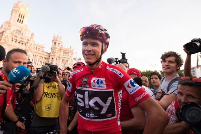 Chris Froome celebrates after winning the Vuelta a Espana cycling race In September 2017. Picture: Getty Images