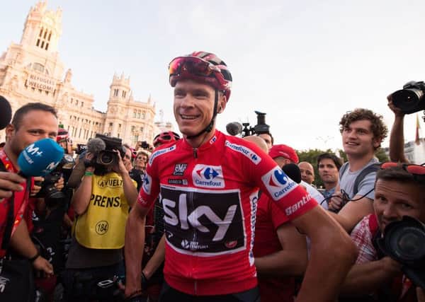 Chris Froome celebrates after winning the Vuelta a Espana cycling race In September 2017. Picture: Getty Images