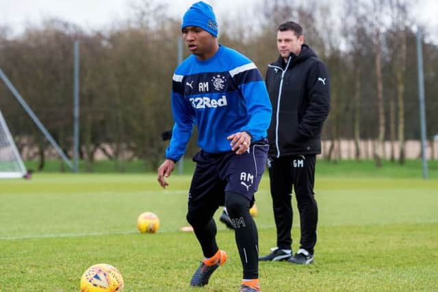 Rangers boss Graeme Murty watches sought-after striker Alfredo Morelos in training. Picture: SNS