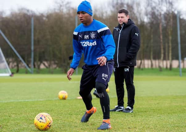 Rangers boss Graeme Murty watches sought-after striker Alfredo Morelos in training. Picture: SNS