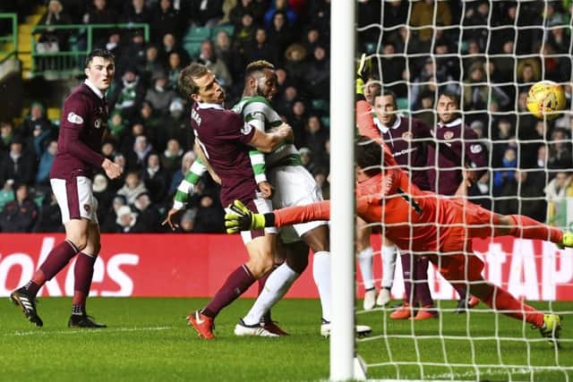 Moussa Dembele makes it 3-0 to Celtic. Pic: SNS