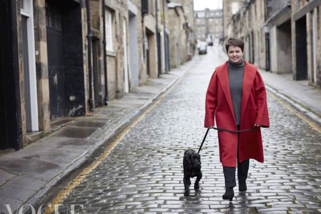Ruth Davidson with her dog Wilson in Edinburgh. See the full shoot in the March issue of British Vogue, on sale Friday. Picture: Perry Ogden.