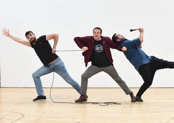 Mark Thomas with Faisal Abu Alhayjaa and Alaa Shehada