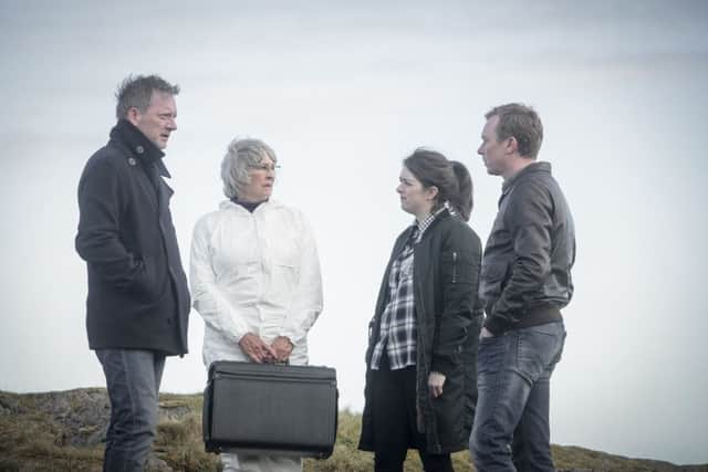 Douglas Henshall (DI Jimmy Perez), Anne Kidd (Cora McLean (Anne Kidd), Alison O'Donnell (DS Alison ÃœTosh" McIntosh) and Steven Robertson (Sandy Wilson) Picture: Mark Mainz