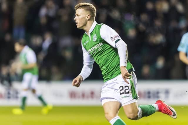 Hibernian's Florian Kamberi celebrates after making it 1-0. Picture: SNS